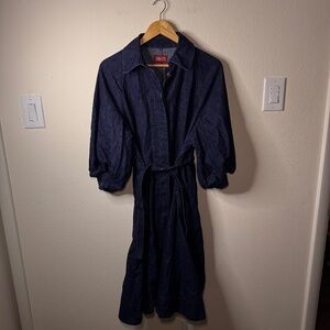 Johnny Was Sasson Denim Midi Dress Women's SM Dark Wash Blue Belted Button Up